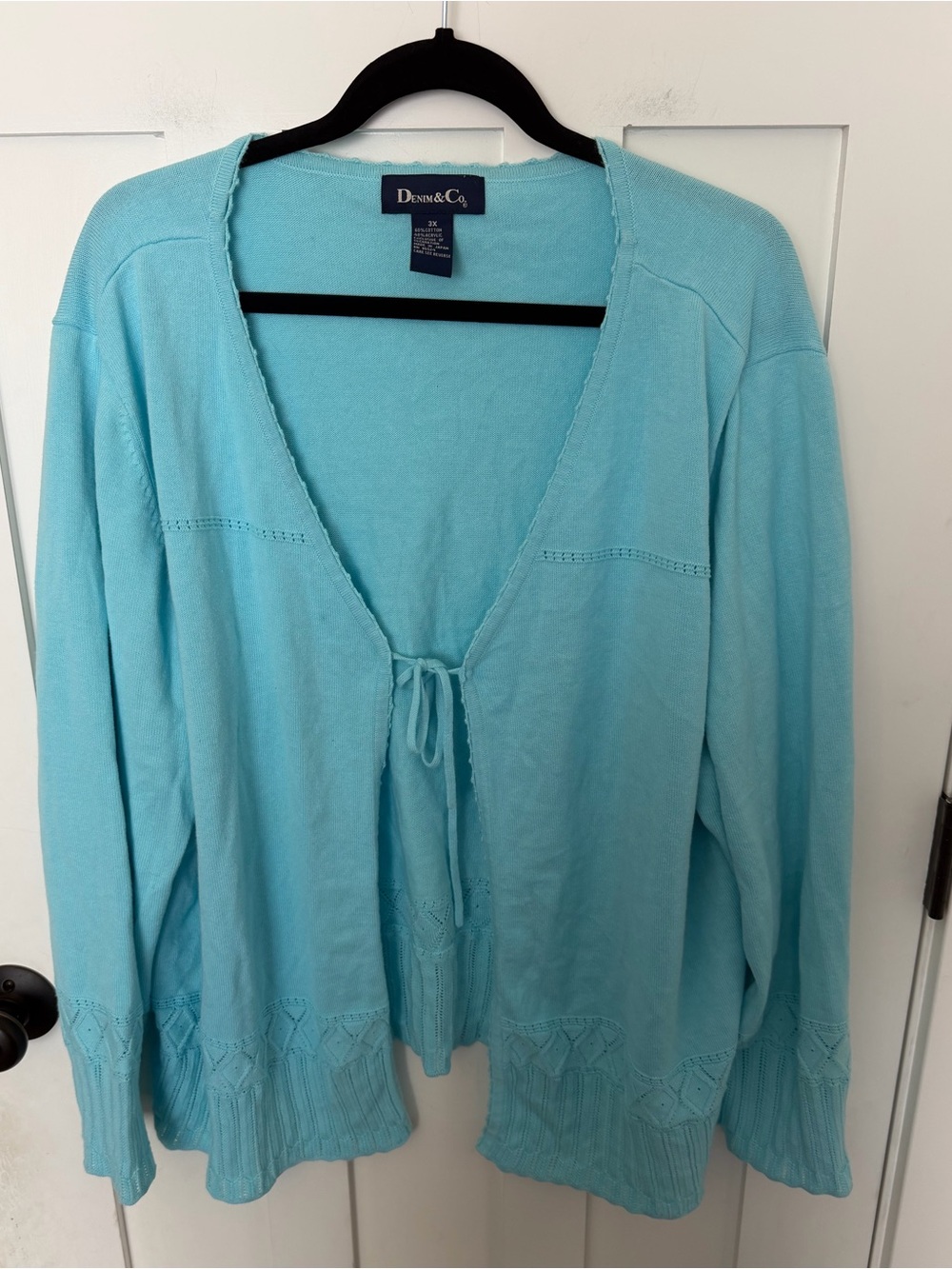 Denim & Co Tie Front Lightweight Sweater Blue Open Work Embroidery 90’s Y2K 3X